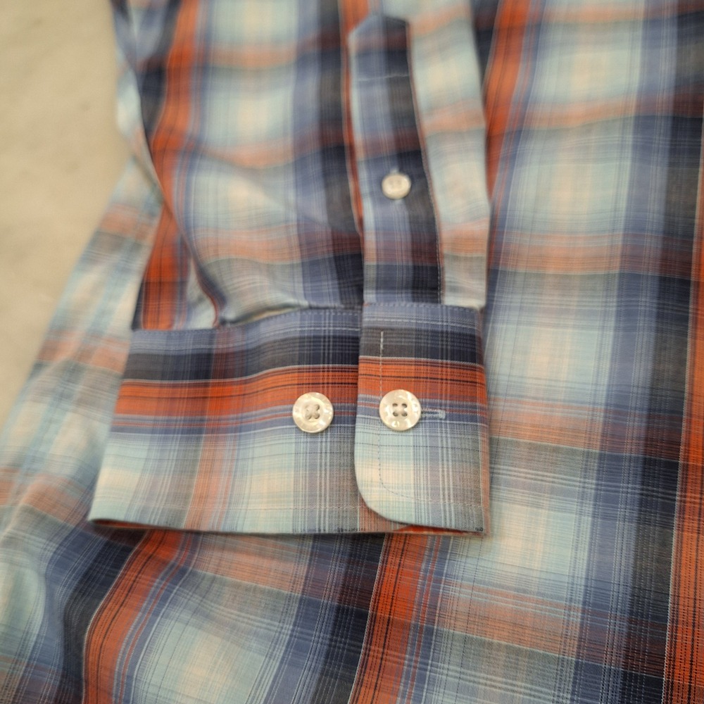Ariat‎ Buttondown Shirt Mens Lg Blue Orange Plaid Wrinkle Free Western Flip Cuff - Picture 9 of 9